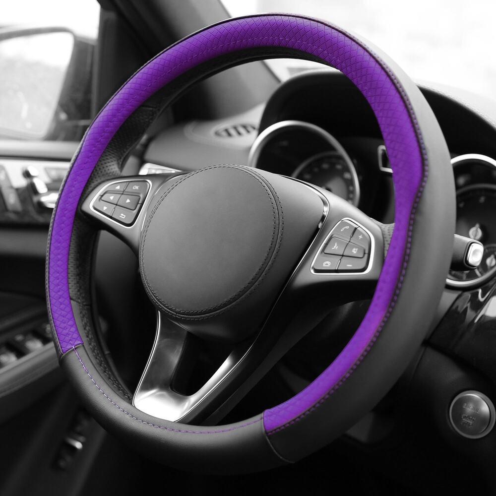Steering Wheel Cover Universal Fit Anti Slip 14.5 Inch Black Purple Leather Grip